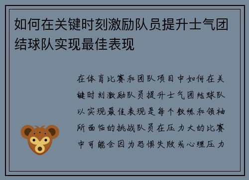 如何在关键时刻激励队员提升士气团结球队实现最佳表现